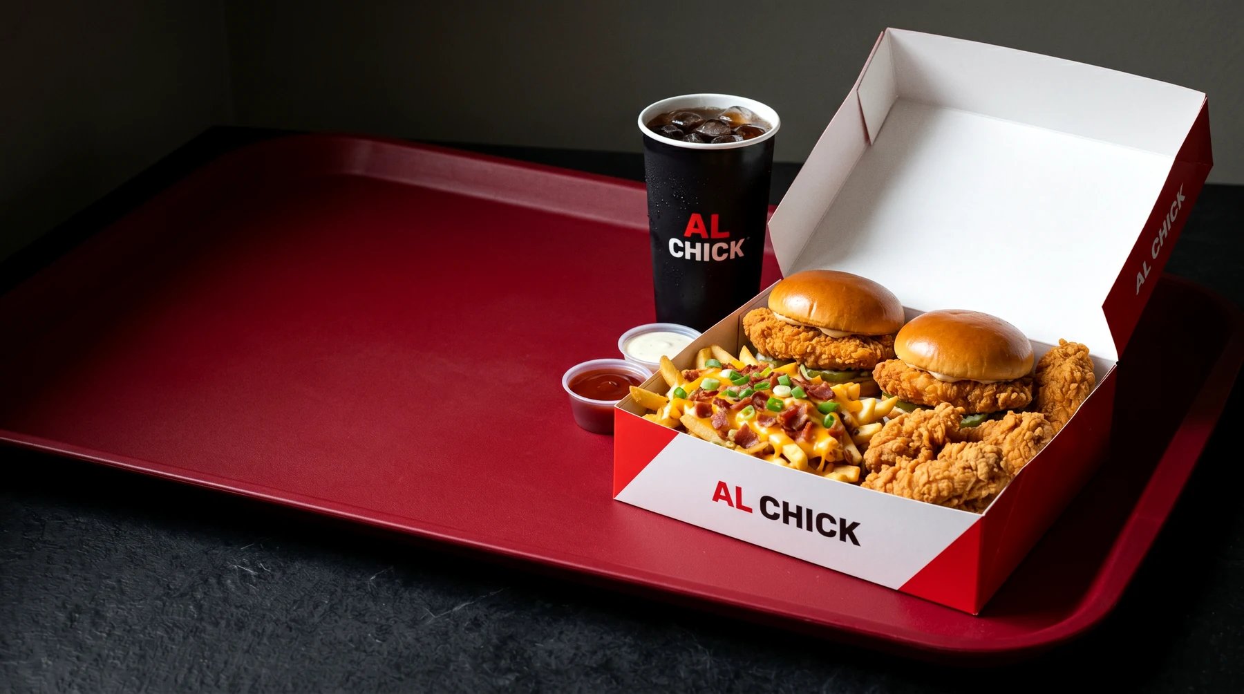 AL CHICK Loaded Chicken Box on a red tray: two crispy chicken sandwiches, loaded cheesy fries, fried chicken, dips, and an iced cola