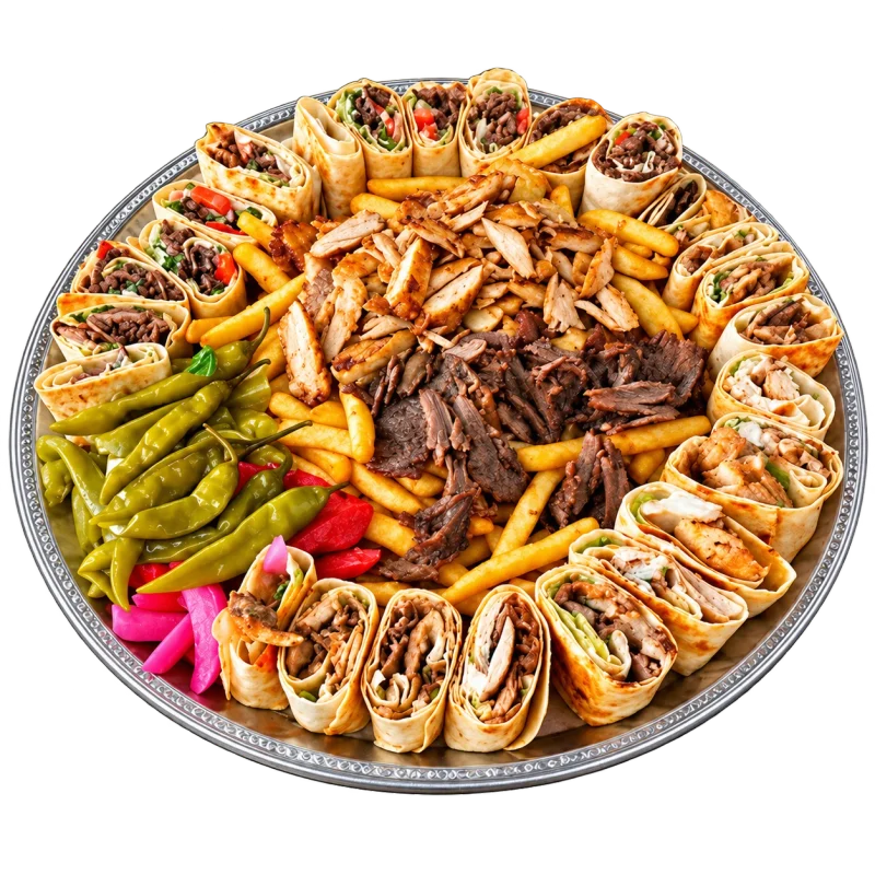 AL CHICK fusion sharing platter with chicken and beef shawarma, wrap bites, fries and pickled vegetables