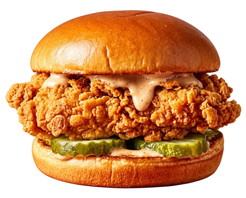 AL CHICK crispy chicken sandwich with golden breading, pickles and sauce